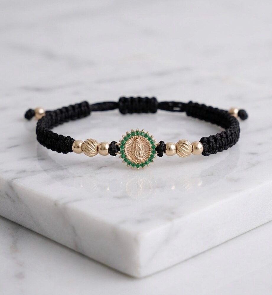 BRAZALETE VIRGEN GUADALUPE VERDE ESM HILO NEGRO