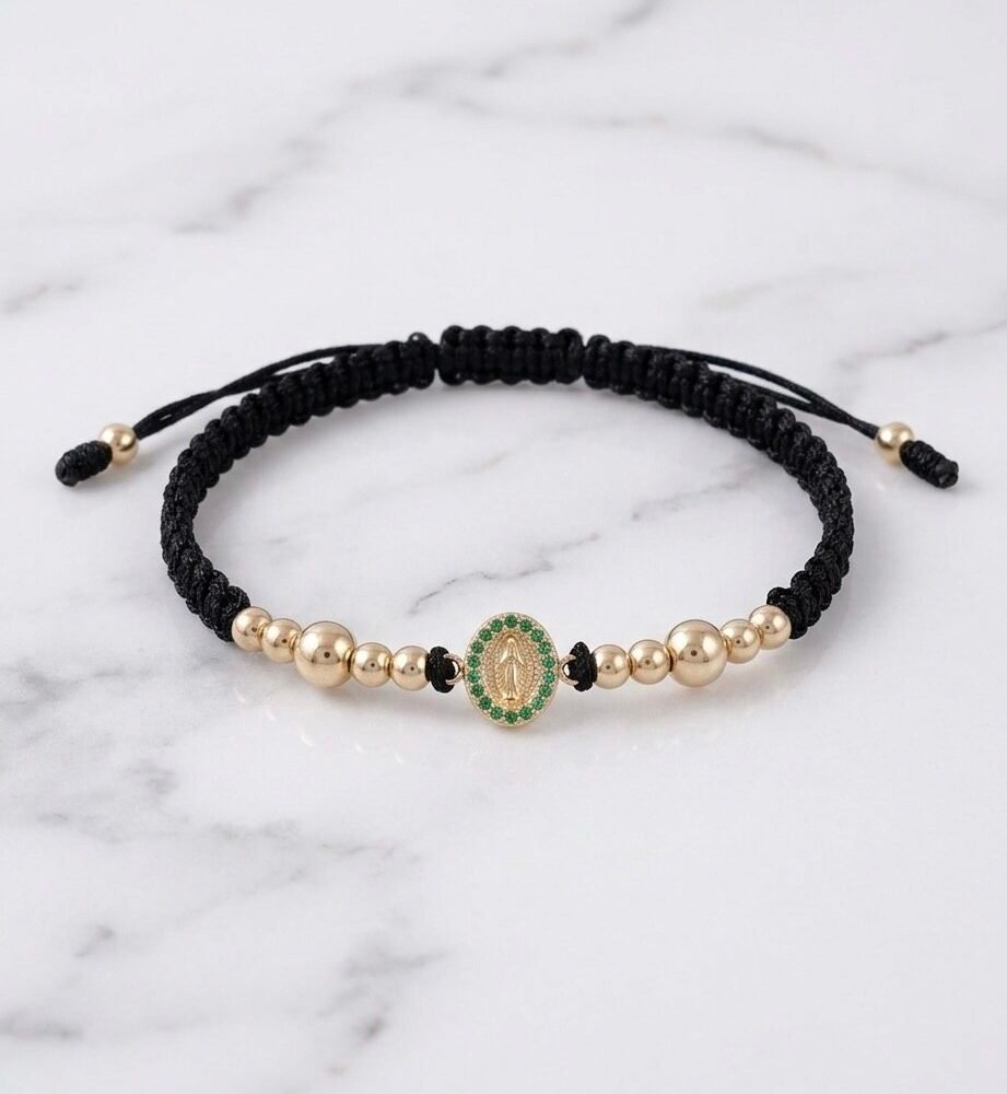 BRAZALETE VIRGEN MILAGROSA VERDE ESM HILO NEGRO